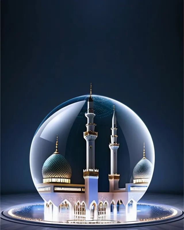 Insert modern mosque inside the globe in clear 3d, 4k picture.
