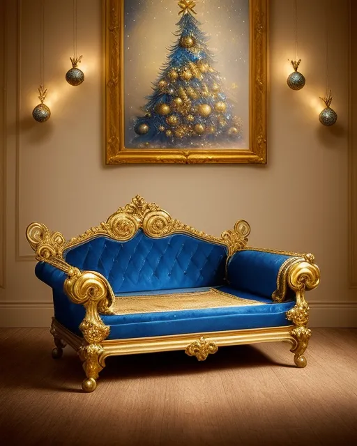 a beautiful gold and royal blue  antique dog bed with a blue blanket and Christmas tree decorated in blue and gold (ethereal fantasy concept art) . painterly, epic, majestic, magical, fantasy art, cover art, dreamy, best quality, polished, beautiful, detailed, intricate, meticulous, seb mckinnon