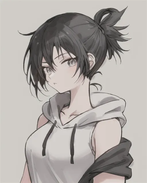An anime girl with black short ponytail hair, black sleeveless hoodie