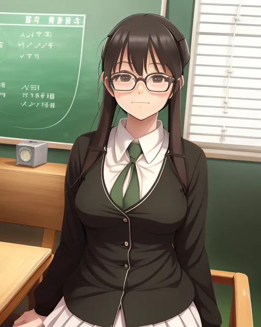 A schoolgirl wearing her uniform and glasses, Ufotable , anime, hd, detailed, glasses , long black hair, green eyes, happy expression, open back, exposed shoulders, matte painting 