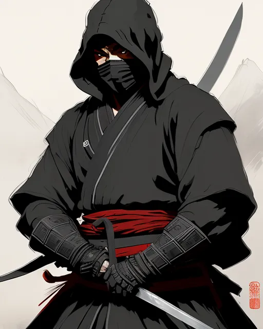 A ninja who now becomes a ronin to seek revenge, the background of atmosphere must be dark and at night, he wears a black ninja outfit and grey cloak, double katanas