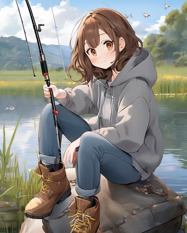 Anime girl with brown hair and brown eyes wearing a grey hoodie, blue jeans, and brown work boots on a pair fishing