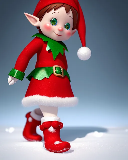 A beautiful Christmas elf with red boots on her feet standing in the snow, cinema 4d, national geographic photo, hyperrealism