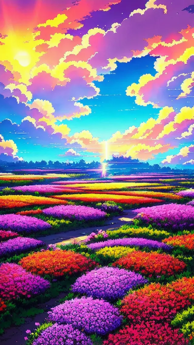 A anime scene of  a flower field, flower field, colorful, overworldly, otherworldly, divine, sunset, dynamic lightning, fairy tale, intricate design, insanely detailed, hyperrealistic, anime style is from "your name"