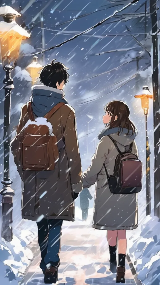 it's a scene from an anime, a teen highschool girl walking down the road wearing winter clothes because it's snowing, a teen highschool boy stood front of her completely wet in snow and just looking at her without telling her anything, the scene suggests he wants to tell her but doesn't gets courage , the image is from the girls perspective