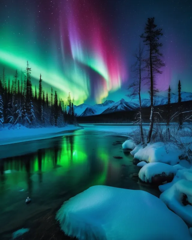 Night Sky Winter Aurora Borealis Northern Lights Alaska Alaskan Landscape ·  Creative Fabrica