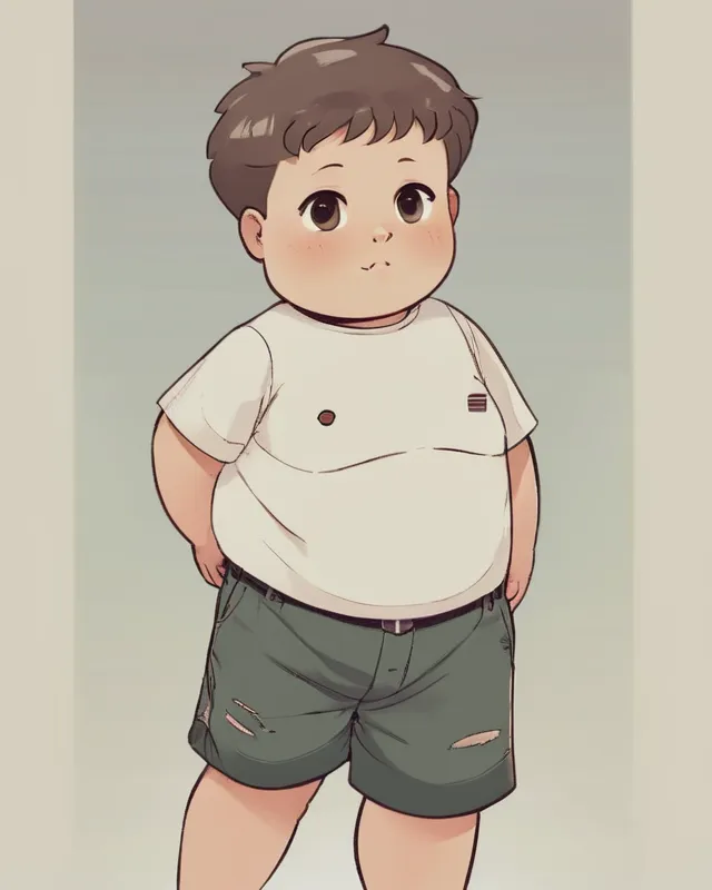 A chubby boy with short hair,wearing shorts and a short-slerved shirt.