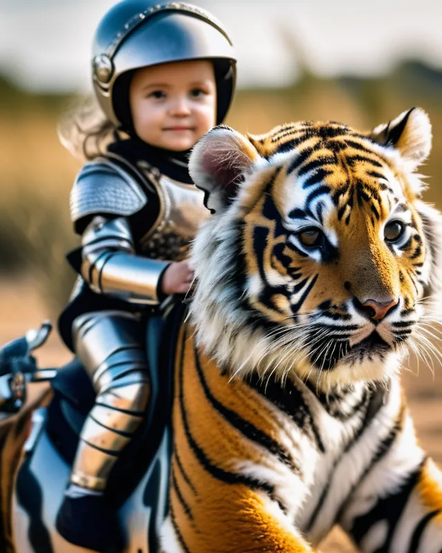 A toddler riding on a tiger cub - Free AI Photo Generator - starryai