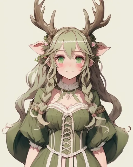 Deer girl, long wavy blonde hair, soft green eyes, a soft smile, deer like ears, pale skin, blushed cheeks, long green and beige dress and corset, hooved feet