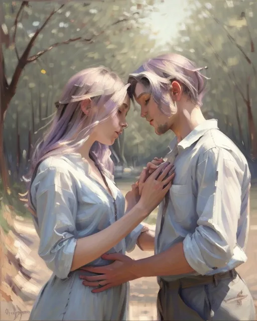 Twins, a boy and a girl, purple hair, pale blue skin, facing each other hands held between them 