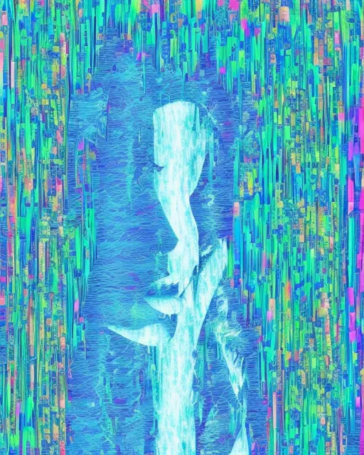 A reverse waterfall with holographic colors, images of animals within the waterfall’s reflection.