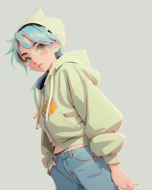 Cute attractive anime lady wearing a bright green hoodie with a cute dinosaur face on the top of the hoodie. Anime lady has icy blue hair and icy blue eyes and the hoodie is unzipped with no under shirt, anime character, kawaii, overexaggerated features, 2d animation, character design, beautiful, pixiv polycount art, deviantart, pastels, anime character,  detailed,  vibrant,  anime face,  sharp focus,  character design,  wlop,  artgerm,  kuvshinov,  character design,  unreal engine, concept art