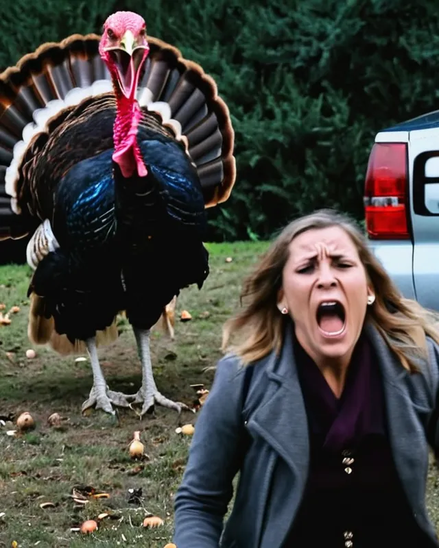 A woman screaming in terror at a turkey