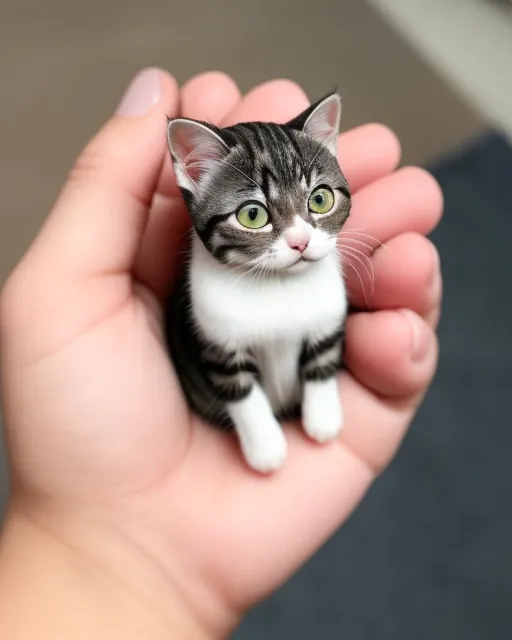 A teeny tiny inch tall cat sitting on someone’s open hand 