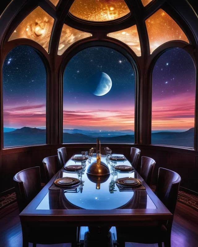  wizard dining room of ancient spaceship with view of nebulae through the Windows at night, Starlight, night, Hq, HD, 8k, 4k, vivid, beautiful, colorful, cosmic, futuristic, detailed, golden hour, iridescent, vibrant, digital painting, hyperrealism, surrealism, astral, futuristic, galactic, beautiful, cosmic, hyperdetailed, infinity, moonscape, mysterious, ethereal, national geographic photo, by john stephens,  galen rowell,  david muench,  james mccarthy,  hirō isono,  real