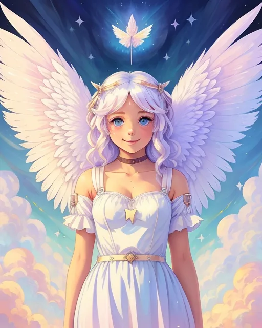 Angel with Lovely White Feathered Wings. Princess. Big blue eyes. Shy smile. Long white hair. Wings. Purity. Halo. Stars. Happy. Welcoming. 