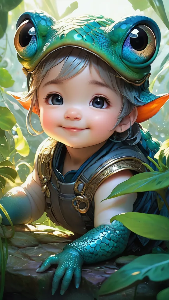 anime, Adorable Cute Chibi Baby, Disney cartoon, cute small chubby lizard smiles cutely, Glow Ethereal Enchanted Garden, Big Shiny Eyes, Love Energy, Soft Lighting, Sharp Focus, By Marc Simonetti & Yoji Shinkawa & WLOP, Paint Drops, Rough Edges, Trending On Artstation, Studio Photo, Intricate Details, Highly Detailed, Detailed Matte Painting, Deep Color, Fantastical, Intricate Detail, Splash Screen, Compleme