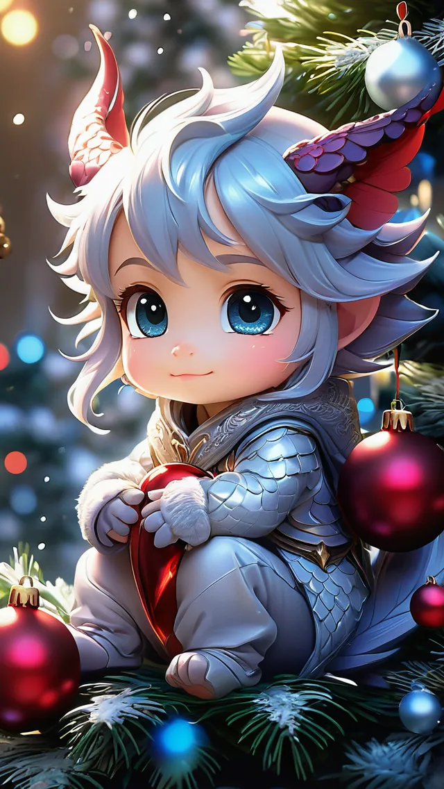 anime, Adorable Cute Chibi Baby, Disney cartoon, cute small dragon sitting on a Christmas tree, Glow Ethereal Enchanted Garden, Big Shiny Eyes, Love Energy, Soft Lighting, Sharp Focus, By Marc Simonetti & Yoji Shinkawa & WLOP, Paint Drops, Rough Edges, Trending On Artstation, Studio Photo, Intricate Details, Highly Detailed, Detailed Matte Painting, Deep Color, Fantastical, Intricate Detail, Splash Screen, Compleme