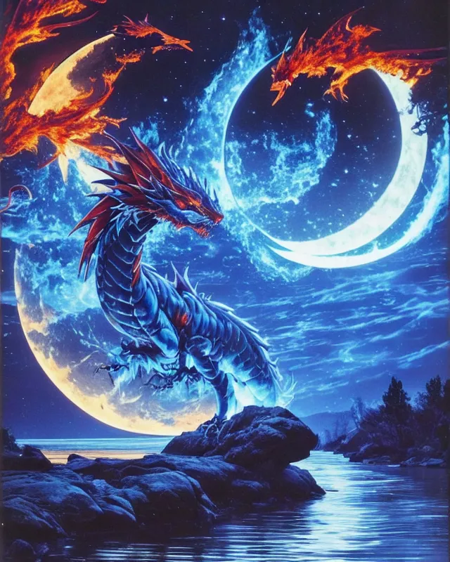 Fire dragon with the blue river and the moon