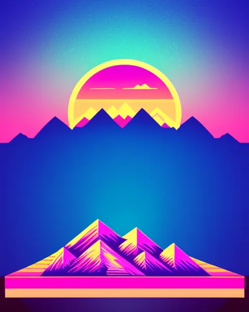 Retro synthwave mountain landscape background.