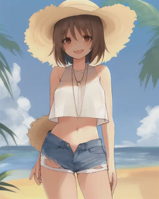 Girl with wearing a straw sun hat. Wearing a layered white crop top, sleeveless and wearing short jean shorts with raw hem. Has hazel eyes and is excited to be at the beach. Has brown hair.