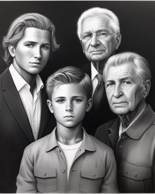 Hyperrealism; Dirk Dzimirsky; Graphite Pencil; "The image portrays a portrait of four generations of men with extremely intricate details"