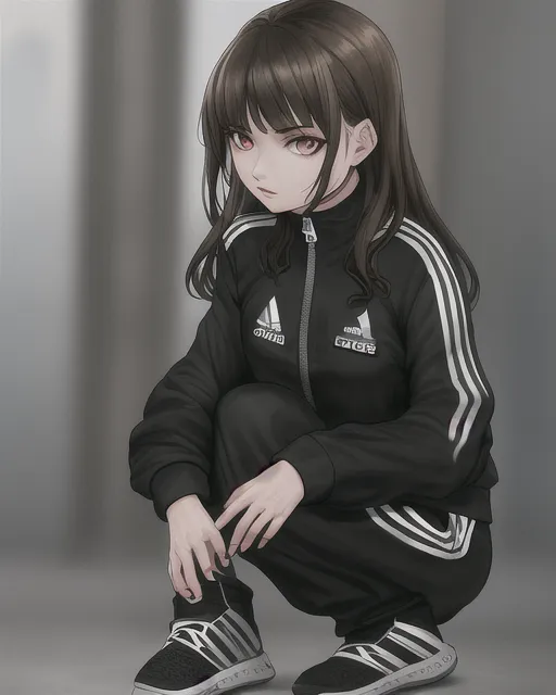 A brunette Russian girl wearing a black adidas tracksuit