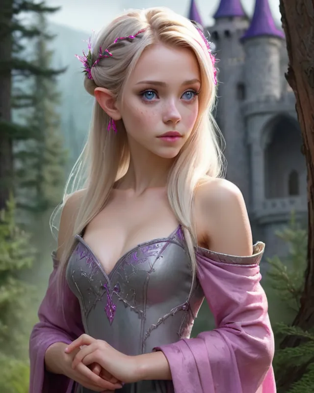 fantasy book cover, a blonde princess with pink streaks in her hair, elf fae, tall and willowy and pretty, soft freckles, big large gray eyes, intricate purple and gray gown, iron palace gray metal, landscape beautiful pine forest, Castle Background, Detailed, Vibrant, Sharp Focus, Character Design, Wlop, Kuvshinov, Character Design, TXAA, 32k, Highly Detailed, Dynamic Pose, Intricate Motifs, Organic Tracery, Perfect Composition, Digital Painting, Artstation, Smooth, Sharp Focus, Illustration, hyperdetailed, greg rutkowski she empowered her body