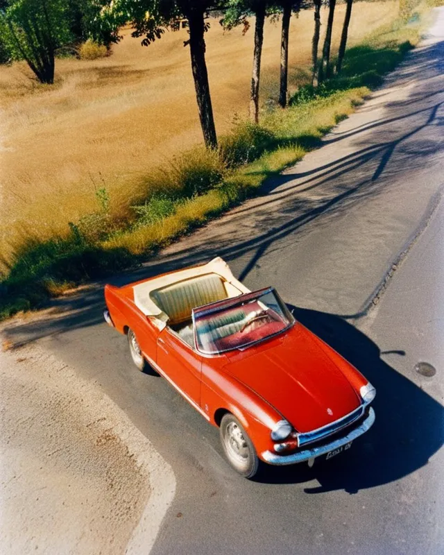 1963 alpha Ramero spider convertible top down, old road in Italy, medium shot, overhead view