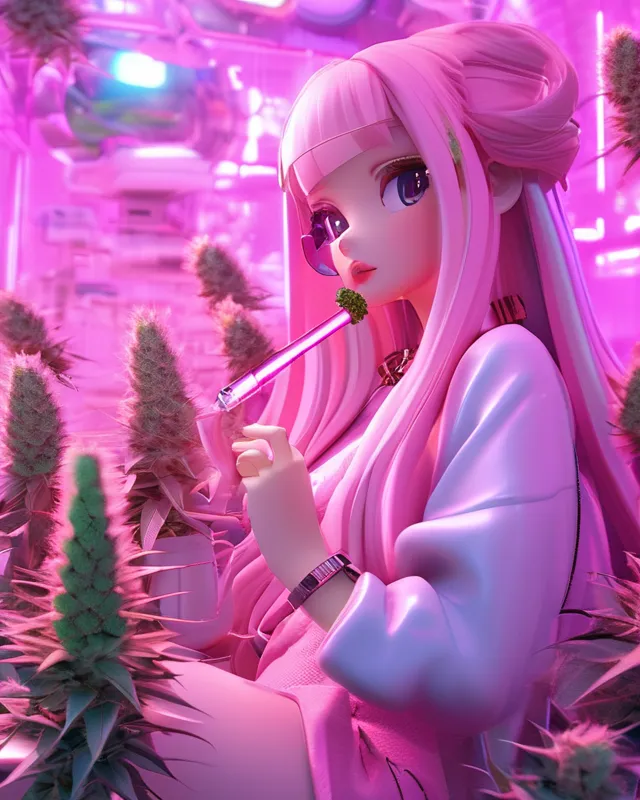 pretty girls smoking weed having fun, pink world, futuristic 3d, pink, pretty hair, bongs, cannabis, joints, barbie