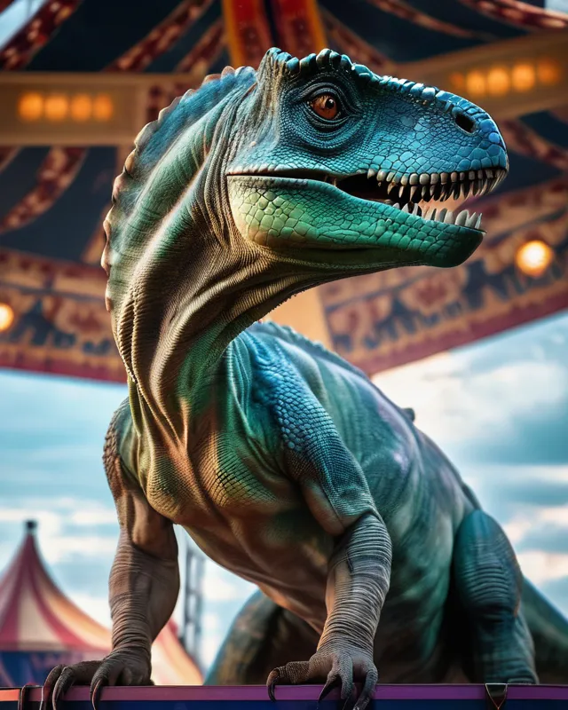 A photo of a dinosaur lizard hybrid that survived extinction and was discovered in 1917 being presented in a circus, hexagon, overglaze, horror, by alphonse mucha, octane render, anime, epic sky,  art by ismail inceoglu, detailed body, glass paint, cube, Anime Avatar,  rossdraws global illumination