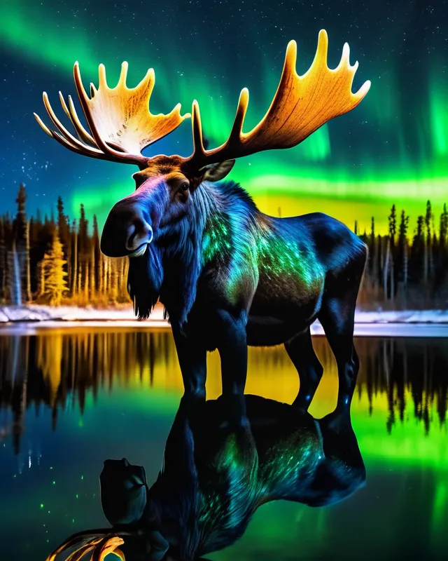 (A majestic Canadian moose near a pond, magnificent Aurora  Borealis in the sky, reflections. Stars, beautiful, surreal, detailed 