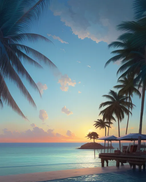 Beautiful blue sea at White beach with palms at Sunset at a dock