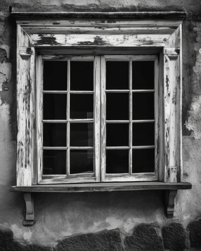 An (((award-winning black and white photograph))), featuring a (((distressed wooden window))) on an ((old Ottoman house)) with minimalist styling and pronounced shadow patterns, capturing a sense of timeless contrast and elegant composition in a thoughtfully designed negative space