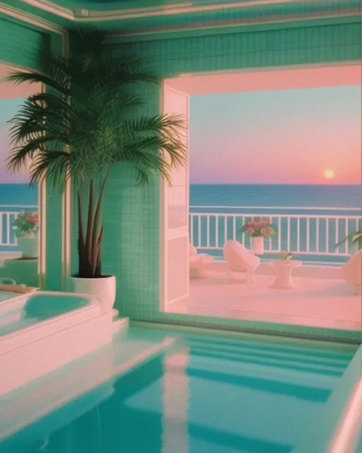 80s penthouse, beach house, sunset