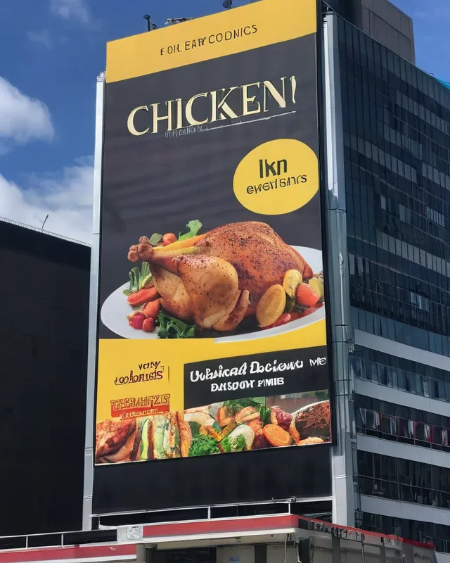 A billboard in a city showing Chicken is delicious 😋