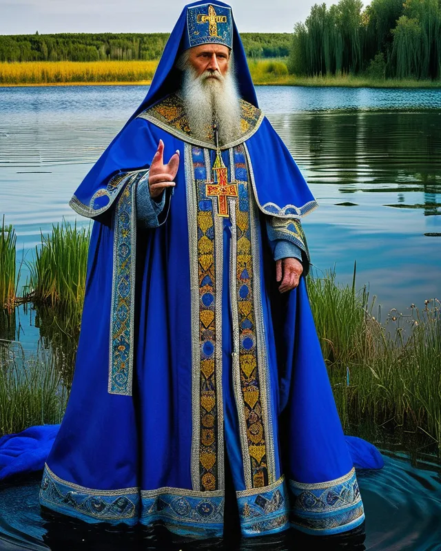 Saint Iakov, a medieval Russian bishop of the city of Rostov wearing blue dominant colored robe, was crossing Lake Nero on his robe which was floating on the water of the lake, like walking on water to get to the other side of the lake.