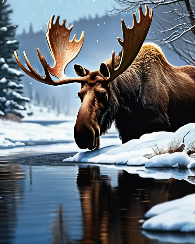 I wish I was a moose in the cold snow drinking from a cold river, digital painting,  digital illustration,  extreme detail,  digital art,  4k,  ultra hd