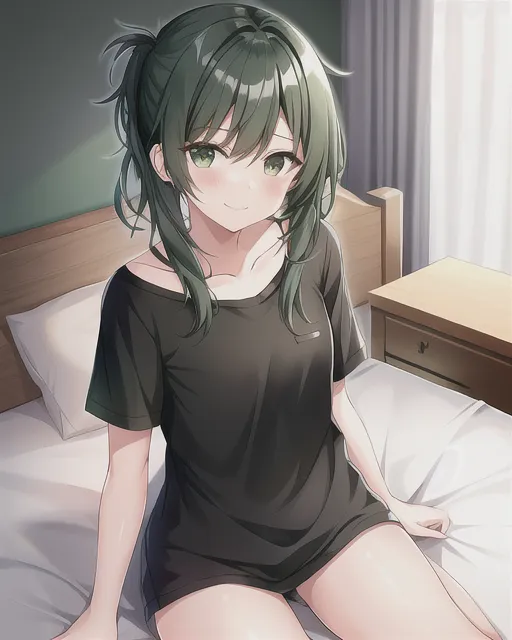 1girl , grey black and dark green color hair , long hair , dark green black eyes  eyes, wearing dark green and black nor.al t-shirt , black short pants , eyes 1.3, soft and cute expression, slight closed smile, ( she's  is in shes home  until night and   she  on shes bed   , best quality of the girl , full-color, 4k resolution),