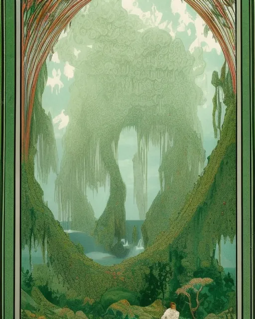 The Realm of Ghyran, also know as the Jade Kingdoms or the Realm of Life, is one of the eight Mortal Realms. It's a bounteous realm forever flowing in cycle and the most verdant of lands when blooming. The life in there was everywhere and innumerable shapes, spreading with a hunger that defied all logic. It has countless emerald gardens filled with verdant life of every kind, lush valleys, babbling streams and glittering mountains. The skies are covered in tangling canopies, vast clouds of spores, shattered husks of sky-islands and storm-reefs. 1890 vintage Art Nouveau illustration, ornate 