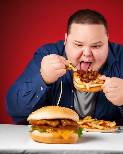 A fat gamer eating infinite burgers on the table