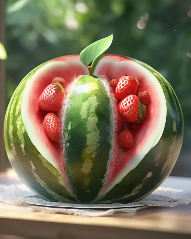 High Quality, 8K Ultra HD, A Apple Inside Of A Watermelon, The Watermelon Is Inside A Strawberry, The Strawberry Is Inside Of A Apple Made Of Crystal, By Yukisakura, Hyperdetailed