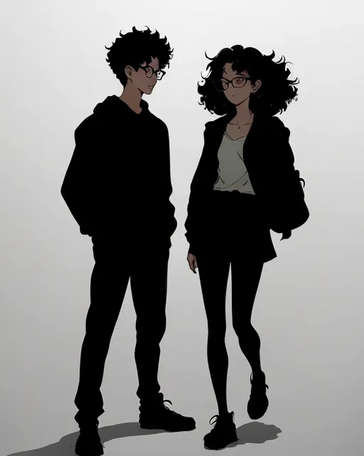 2 shadows of silhouettes, one of the shadows is of a small man of 1.65 meters of height with curly hair, the other shadow is of a tall woman of 1.86 meters of height, she has wide hips and glasses, he don't had glasses