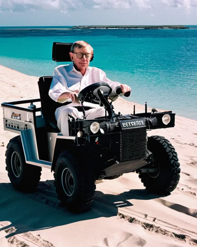 Stephen Hawking walking on a beach at - AI Photo Generator - starryai