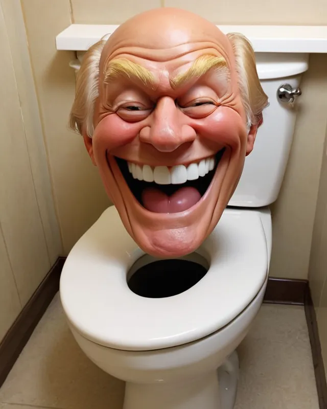 Tonald Drump but his head is sticking out of a toilet and he has a wide grin on his face