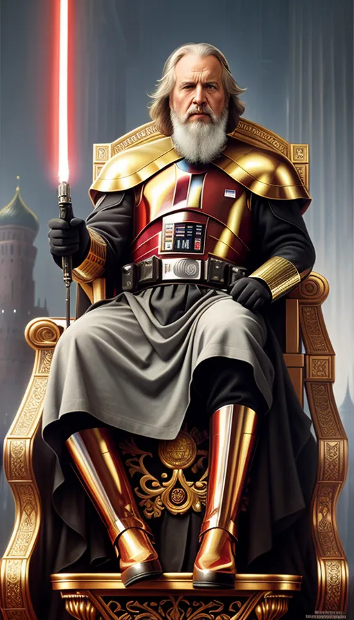 Emperor of Russia resembles Ivan the Terrible, handsome smile, sitting on his Throne in Full Power in Kremlin, background Red Square in Moscow, digital painting, digital illustration, extreme detail,  digital art, 8k, graphite pencil drawing, concept art, fantasy art, expansive, golden drums, realistic, natural, fine art, fantasy art, masterpiece painting by Al Onissis American modern painter, asaf hanuka, greg rutkowski, polished, futuristic, beautiful, hyperdetailed, detailed, infinity, surrealism, sharp focus