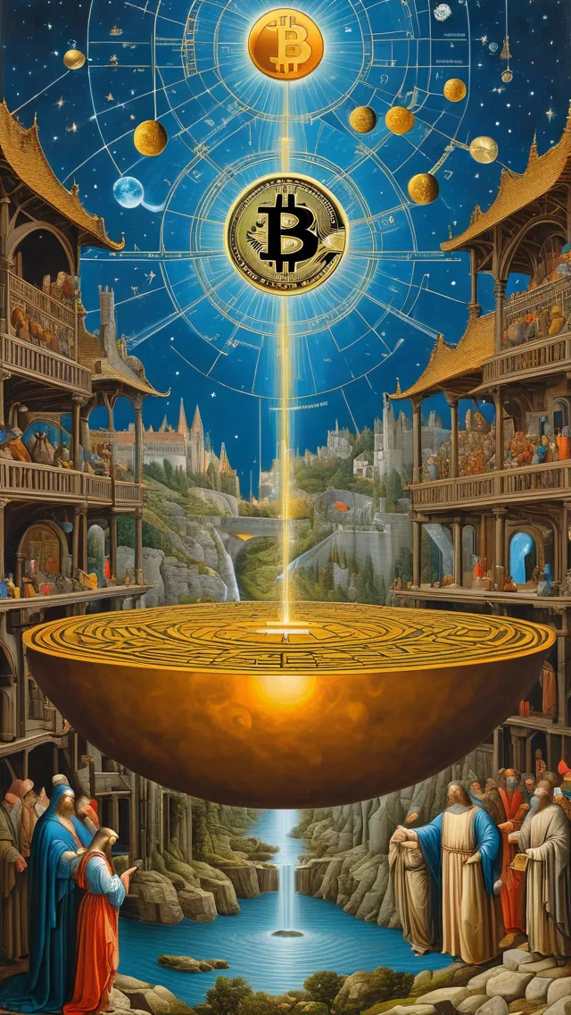 Masterpiece painting by Leonardo da Vinci of a schematic Bitcoin Logo, blockchain technology including artificial intelligence brain technology, richard dadd, hieronymus bosch, rene magritte, gustave dore, seb mckinnon, fantasy art, concept art, hyper detailed, greg rutkowski, beautiful, hyperdetailed, matte background, meticulous, expansive, photorealistic, ivan shishkin, oil on canvas, woodcut, surrealism