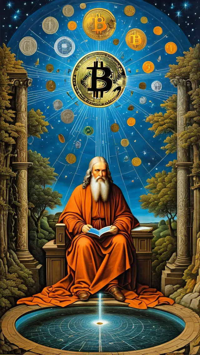 Masterpiece painting by Leonardo da Vinci of a schematic Bitcoin Logo, blockchain technology including artificial intelligence brain technology, richard dadd, hieronymus bosch, rene magritte, gustave dore, seb mckinnon, fantasy art, concept art, hyper detailed, greg rutkowski, beautiful, hyperdetailed, matte background, meticulous, expansive, photorealistic, ivan shishkin, oil on canvas, woodcut, surrealism