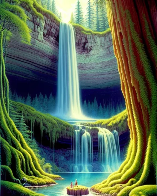 A forest landscape with a waterfall in the centre, cold, beautiful landscape,  realistic and natural,  detailed full-color,  nature,  hd photography,  galen rowell,  david muench,  perfect composition,  gloss,  hyperrealism, Arthur Lismer, hyper detailed, hyperrealism, beautiful, detailed, landscape, bright and colorful