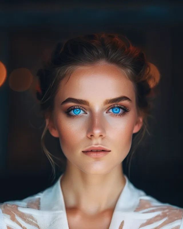 A mesmerizing art piece depicting a woman’s enchanting portrait, showcasing symmetrical captivating blue eyes. inspiration from the artistic styles of Alessio Albi, Peter Sculthorpe, and Brandon Woelfel, infusing the composition with pastel tones and light red and blue hues. Emphasizing  elegant and emotive facial expressions, incorporating delicate washes and mesmerizing optical illusions, sparks flying, 8k, masterpiece, HDR, Bokeh